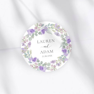Boho Purple Floral Couples Names Wedding Classic Round Sticker