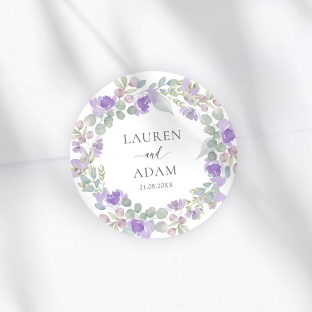 Boho Purple Floral Couples Names Wedding Classic Round Sticker (Creator Uploaded)