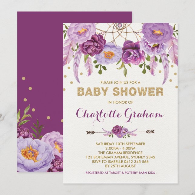 Boho Purple Floral Dreamcatcher Baby Shower Invitation (Front/Back)