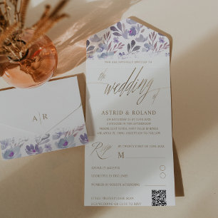 Boho Purple Floral Faux Gold Script Wedding  All In One Invitation