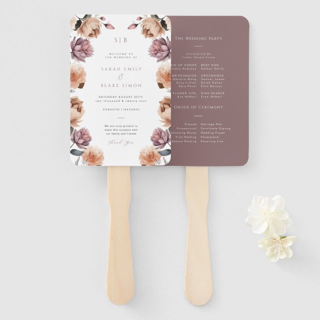Boho Purple Floral Garden Wedding Program Hand Fan (Front and Back)