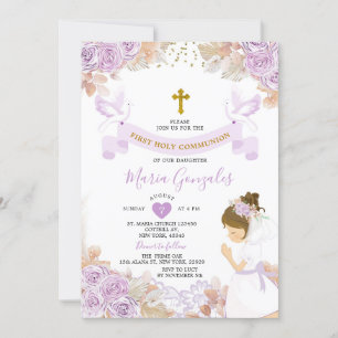 Boho Purple Floral Girl First Holy Communion Invitation