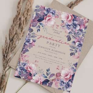 Boho Purple Floral Graduation Party Champagne Invitation