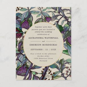 Boho purple floral green leaf wedding invitation postcard