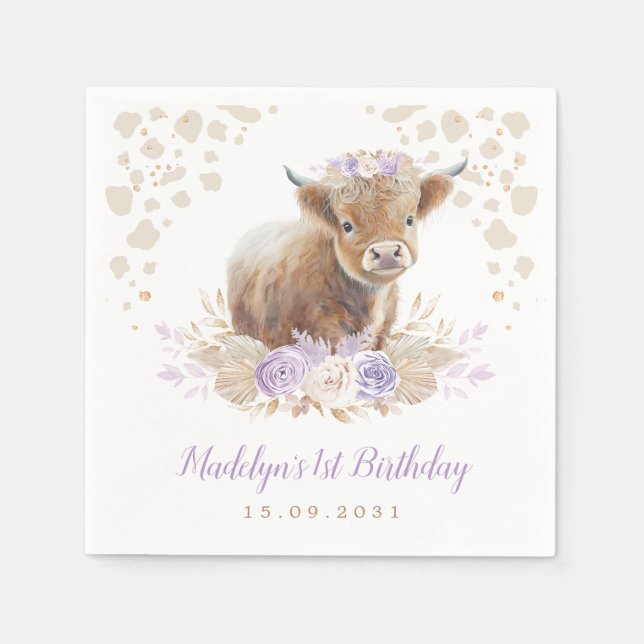 Boho Purple Floral Highland Cow Girl 1st Birthday Napkin (Front)
