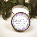 Boho Purple Floral Thank You  Wedding Favour Classic Round Sticker<br><div class="desc">This boho-inspired wedding favour thank you sticker features beautiful watercolor flowers in soft purple tones, accented by sage green eucalyptus on a crisp white background. Customisable with the couple’s names and wedding date, this sticker adds a personalised and elegant touch to your favours. Perfect for enhancing the charm of your...</div>
