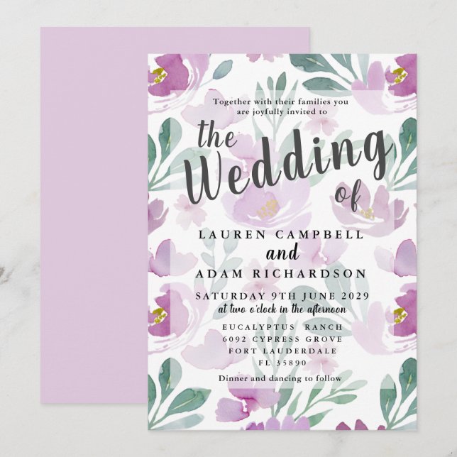  Boho Purple Floral Wedding Invitation (Front/Back)