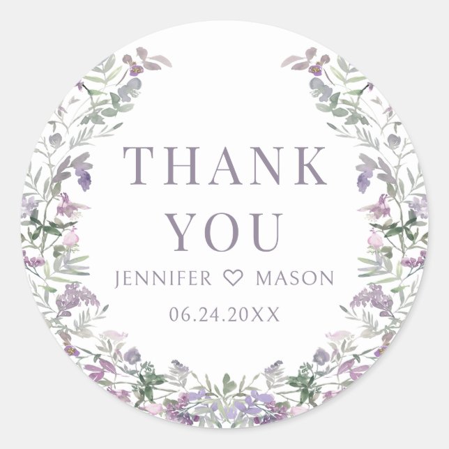Boho purple floral wreath wedding thank you classic round sticker (Front)