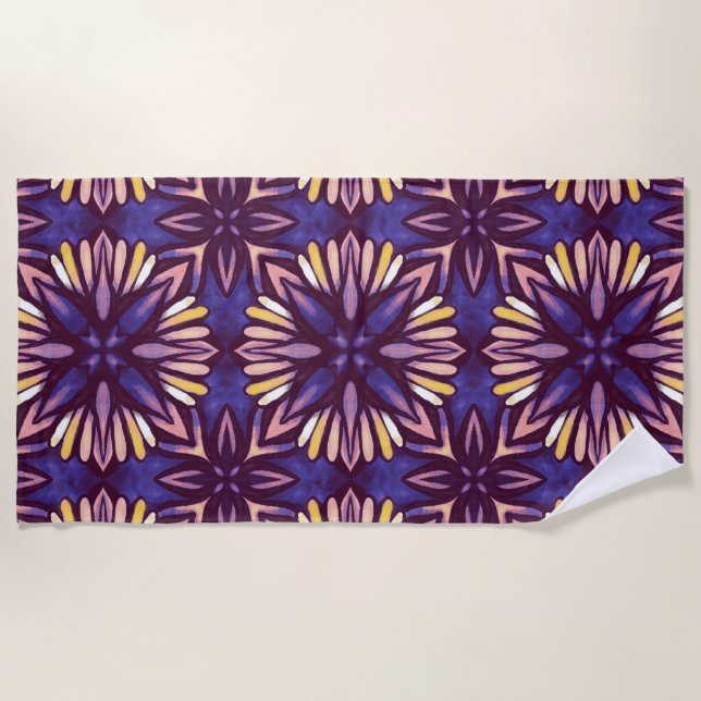Boho Purple Flower Pattern - Dark Floral Aesthetic Beach Towel (Front)