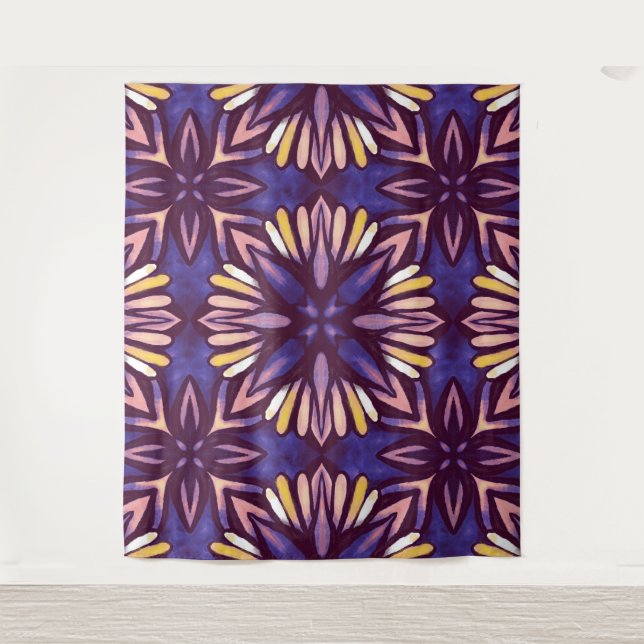 Boho Purple Flower Pattern - Dark Floral Aesthetic Tapestry (Front)