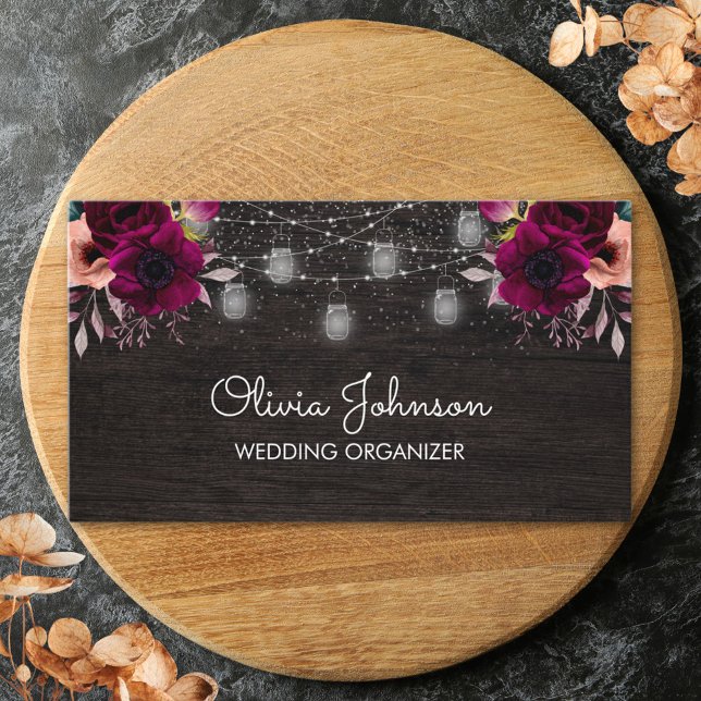 Boho Purple Flower String Light Black Wooden Business Card (In situ)