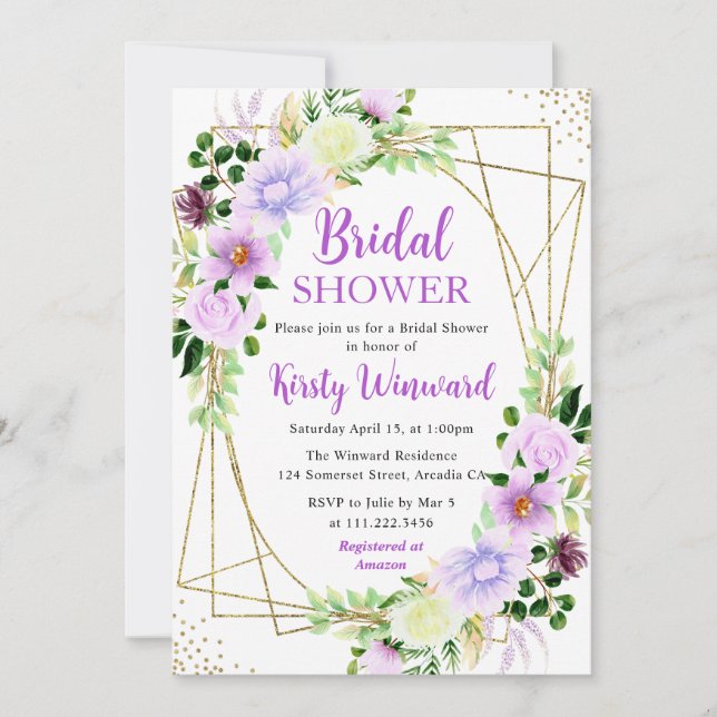 Boho Purple Flowers Gold Frame Bridal Shower Invitation (Front)