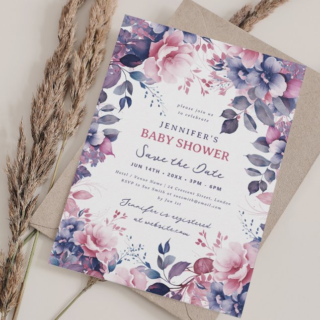 Boho Purple Garden Floral Baby Shower Save Date Invitation (Boho Purple Garden Floral Baby Shower Save Date Invitation)