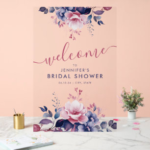 Boho Purple Garden Floral Bridal Shower Welcome Acrylic Sign