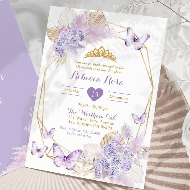 Boho Purple Geometric Butterfly Quinceañera Invitation (Creator Uploaded)