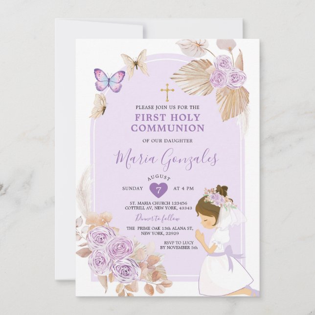 Boho Purple Girl First Holy Communion Butterfly Invitation (Front)