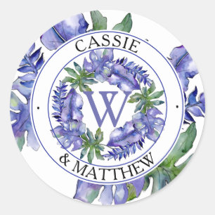 Boho Purple   Green Tropical Leaves Wedding Bridal Classic Round Sticker
