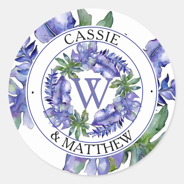Boho Purple | Green Tropical Leaves Wedding Bridal Classic Round Sticker (Front)