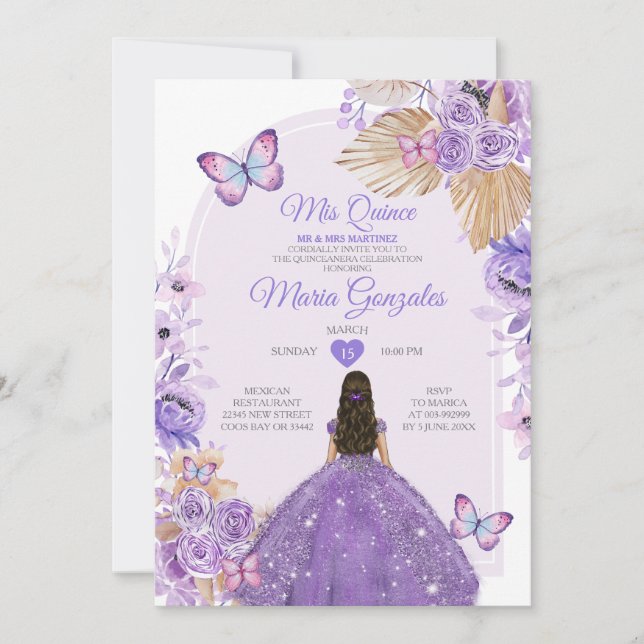 Boho Purple Mis Quince Lavender 15 Anos Crown Invitation (Front)