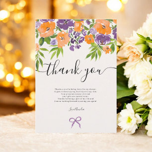 Boho Purple Orange Floral Watercolor Bridal Shower Thank You Card
