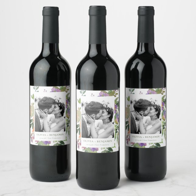 Boho Purple Orange Floral Wedding Custom Photo Wine Label (Bottles)