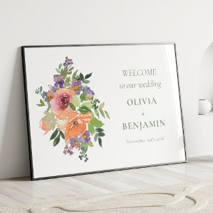 Boho Purple Orange Floral Wedding Welcome  Poster