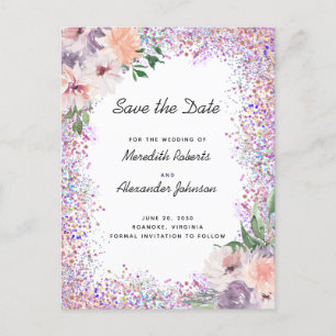 Boho Purple Peach Floral Glitter Save the Date Ann Announcement Postcard