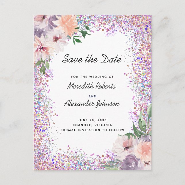 Boho Purple Peach Floral Glitter Save the Date Ann Announcement Postcard (Front)