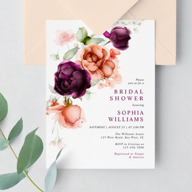 Boho Purple & Peach Flowers Bridal Shower Invitation (Creator Uploaded)
