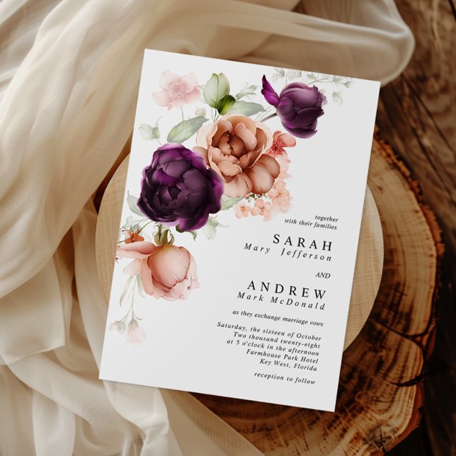 Boho Purple & Peach Flowers Wedding Invitation (Creator Uploaded)