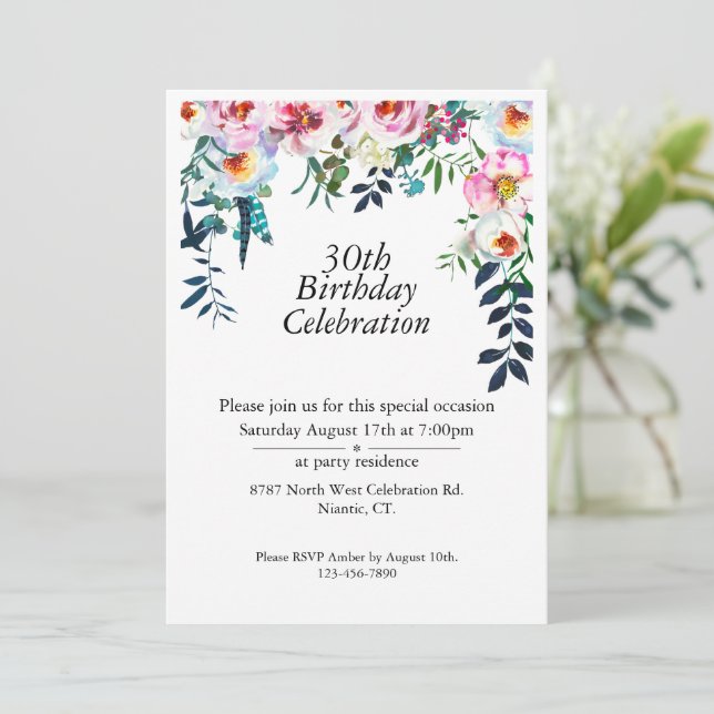 Boho Purple Peony Customisable 30th Birthday Invitation (Standing Front)