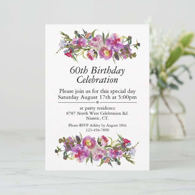 Boho Purple Peony Customisable 60th Birthday Invitation (Standing Front)