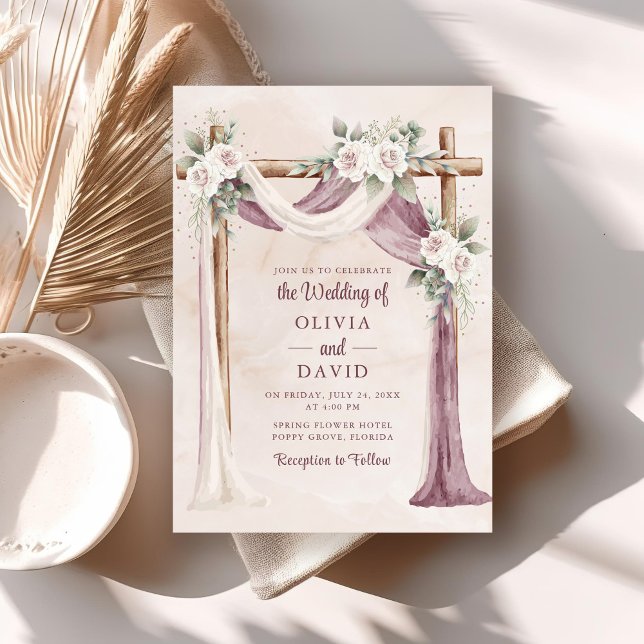 Boho Purple Pink Floral Cenopy Wedding Invitation (Boho Purple Pink Floral Cenopy Wedding Invitation on boho wedding table.)