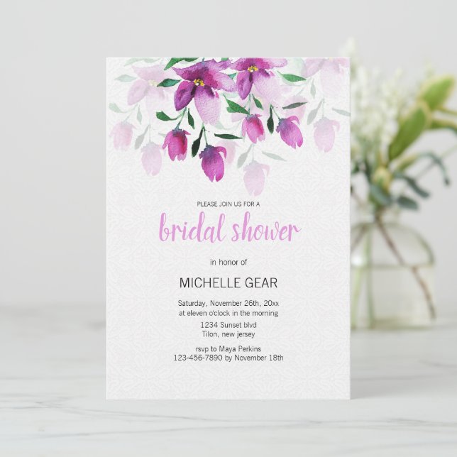Boho Purple Pink Floral Watercolor Hand-painted Invitation (Standing Front)