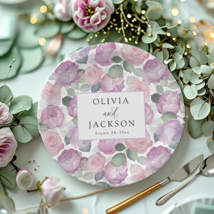 Boho Purple & Pink Watercolor Floral Wedding Paper Plate