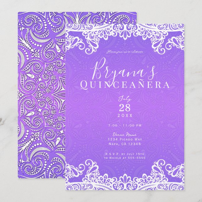 Boho Purple Pink White Lace 15th Quinceañera Party Invitation (Front/Back)