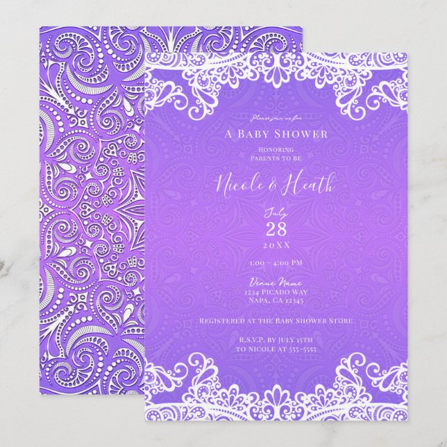 Boho Purple Pink & White Lace Baby Shower   Invitation (Front/Back)