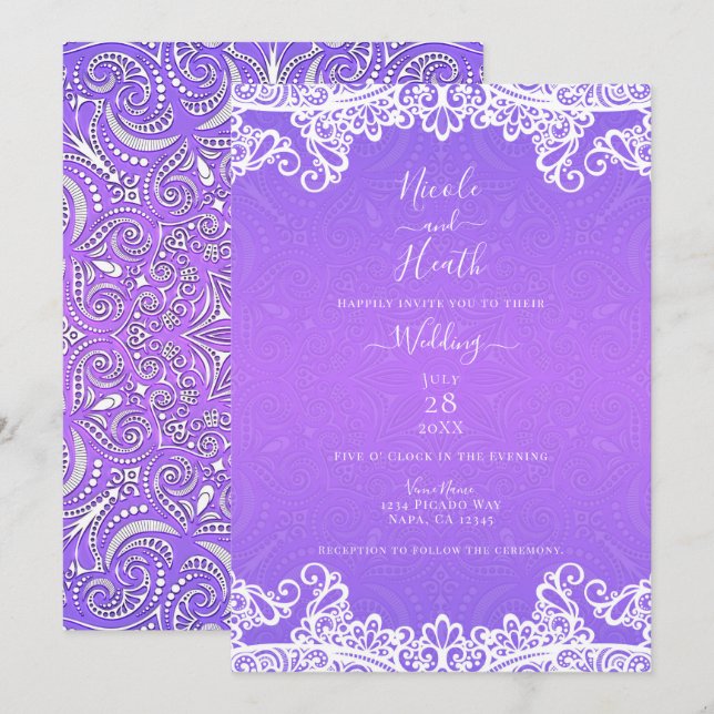Boho Purple Pink White Lace Bold Pattern Wedding Invitation (Front/Back)
