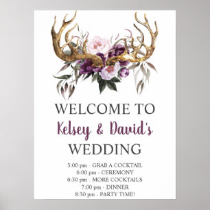 Boho Purple Plum Pink Peonies Wedding Details Poster