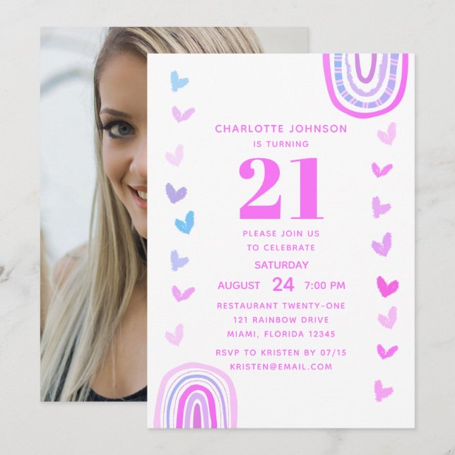 Boho Purple Rainbow Modern 21st Birthday Party Invitation (Front/Back)