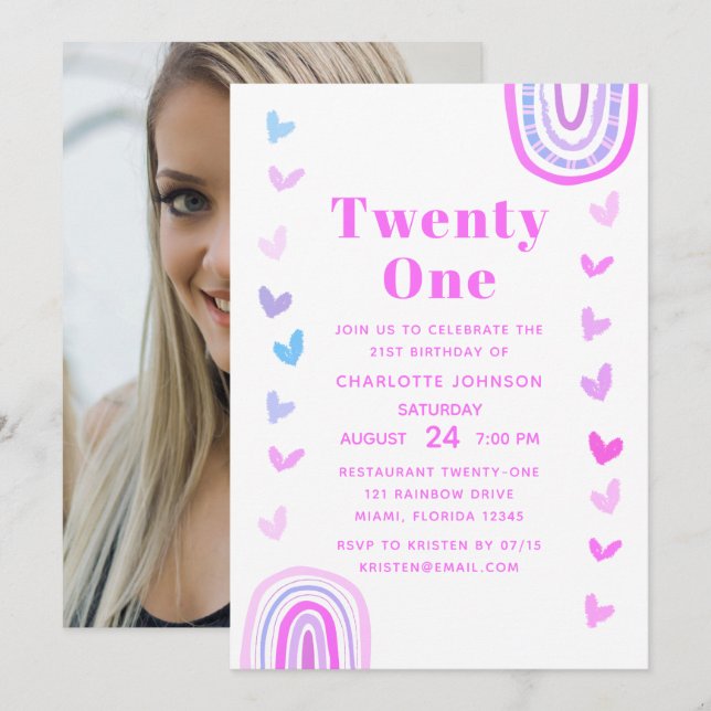 Boho Purple Rainbow Modern 21st Birthday Party Invitation (Front/Back)
