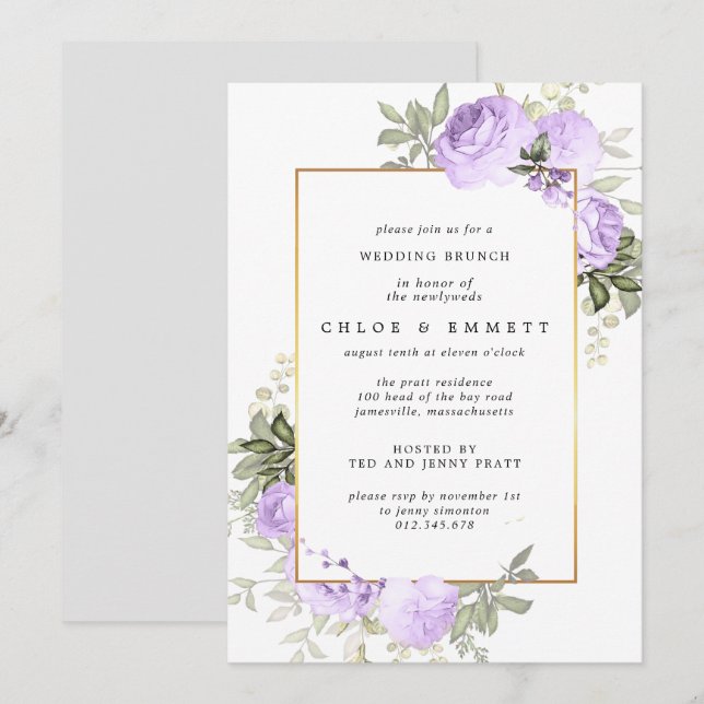 Boho Purple Rose Floral Wedding Brunch Invitation (Front/Back)