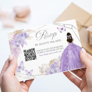 Boho Purple Silver Floral Butterfly Quinceañera QR RSVP Card