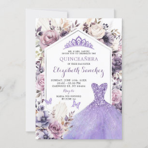Boho Purple Silver Floral Princess Quinceañera Invitation