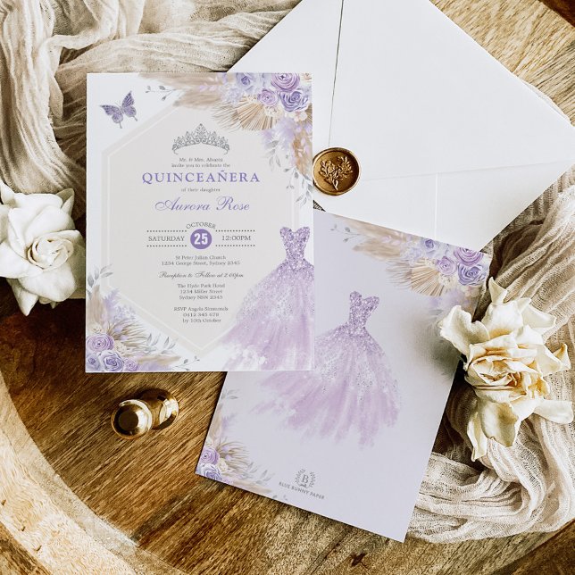 Boho Purple Silver Roses Quinceañera Mis Quince 15 Invitation (Creator Uploaded)