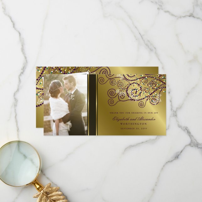Boho Purple Spirals Elegant Classy Wedding Photo Thank You Card (Front/Back In Situ)