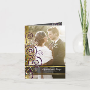 Boho Purple Spirals Gold Photo Wedding Thank You Card