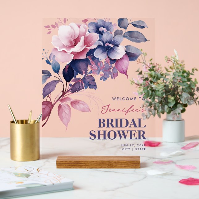Boho Purple Summer Floral Bridal Shower Welcome  Acrylic Sign (Wedding)