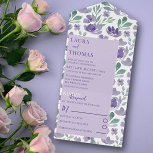 Boho Purple Watercolor Floral Pattern Wedding   All In One Invitation