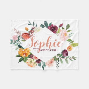 Boho purple watercolor flowers personalised fleece blanket